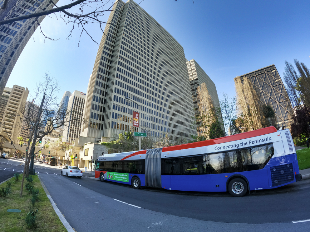 An articulated SamTrans bus in downtown San Francisco.