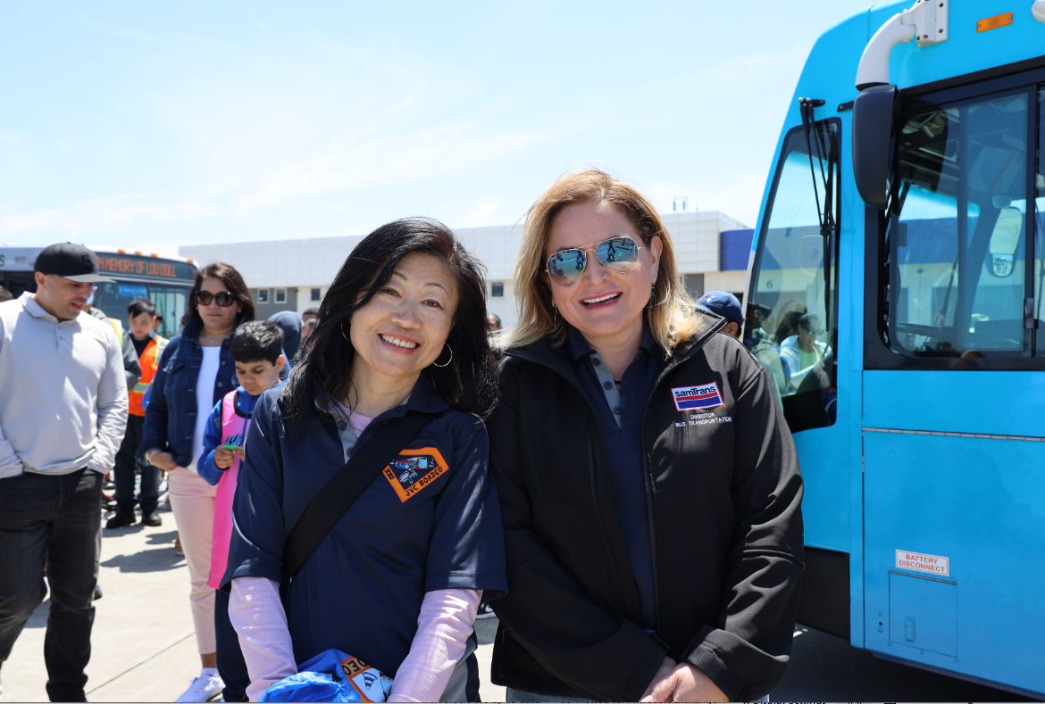 SamTrans General Manager/CEO April Chan standing next to Director of Bus Transportation Ana Rivas.