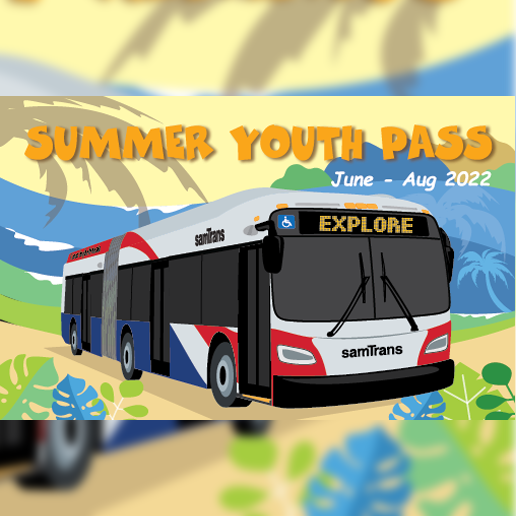 A cartoon image of a SamTrans bus in an exotic setting, with the words "Summer Youth Pass June through August 2022" written at the top