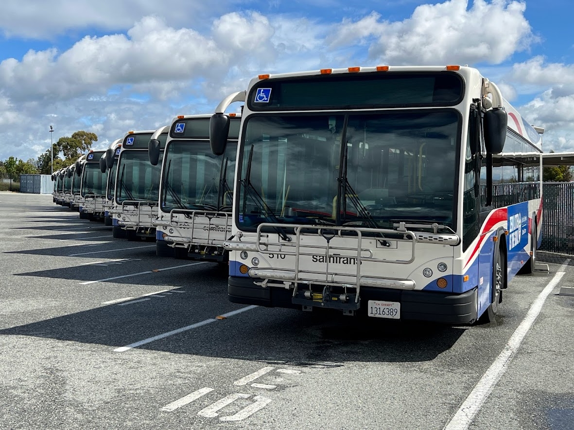Front view of a row of SamTrans buses