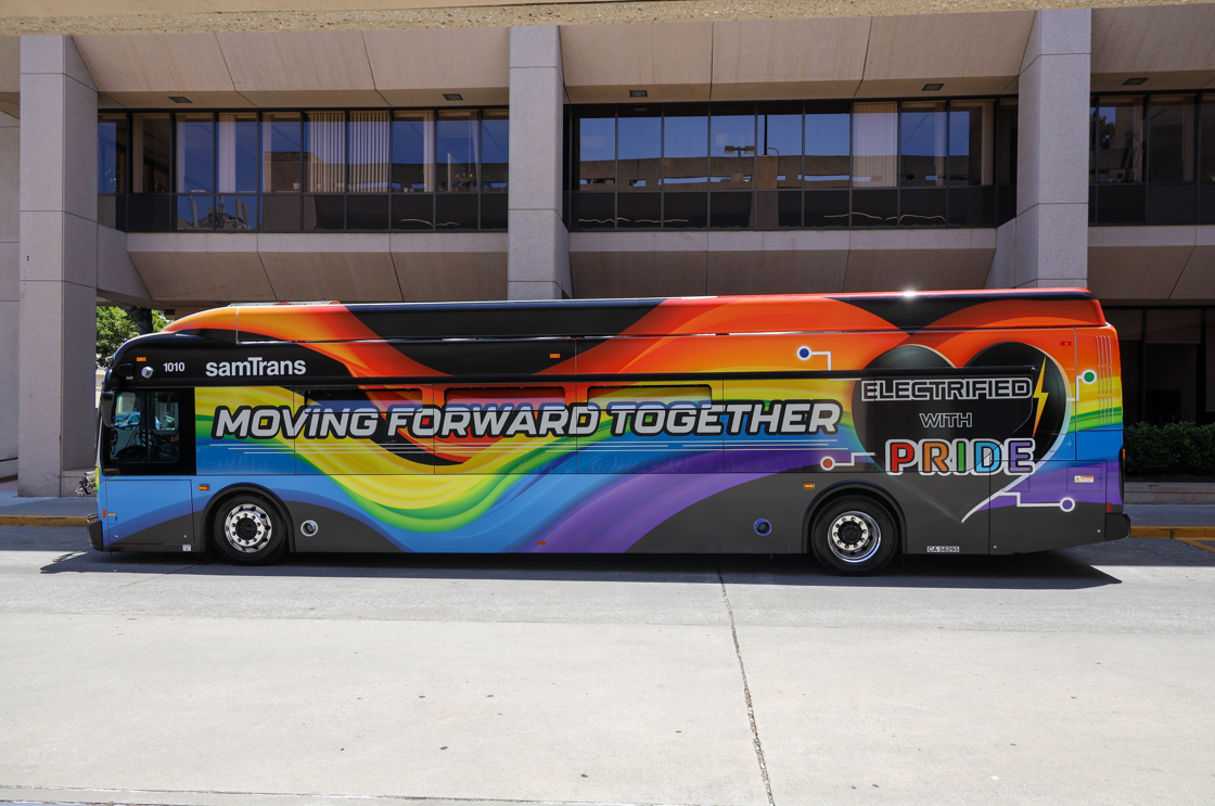 The rainbow-colored Pride bus sits in front of the SamTrans headquarters in San Carlos.