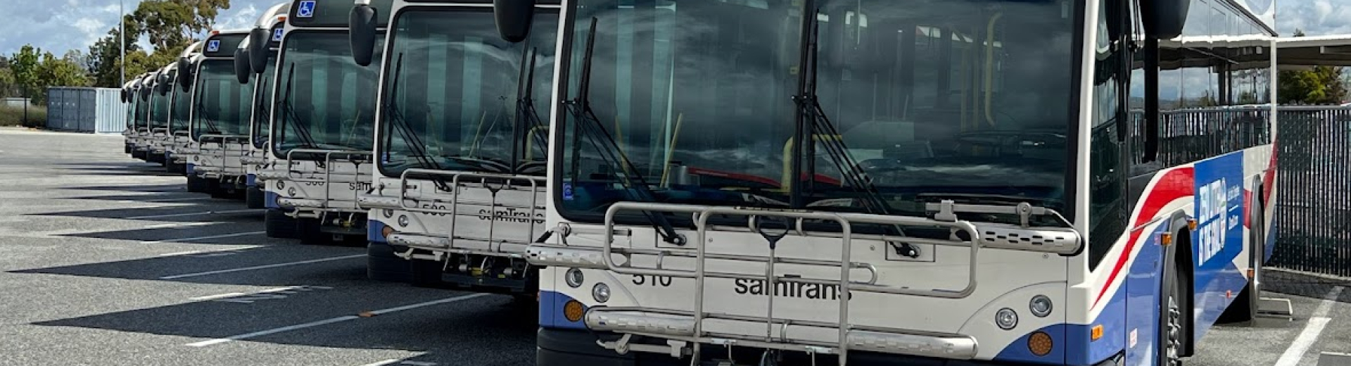 Front view of a row of SamTrans buses