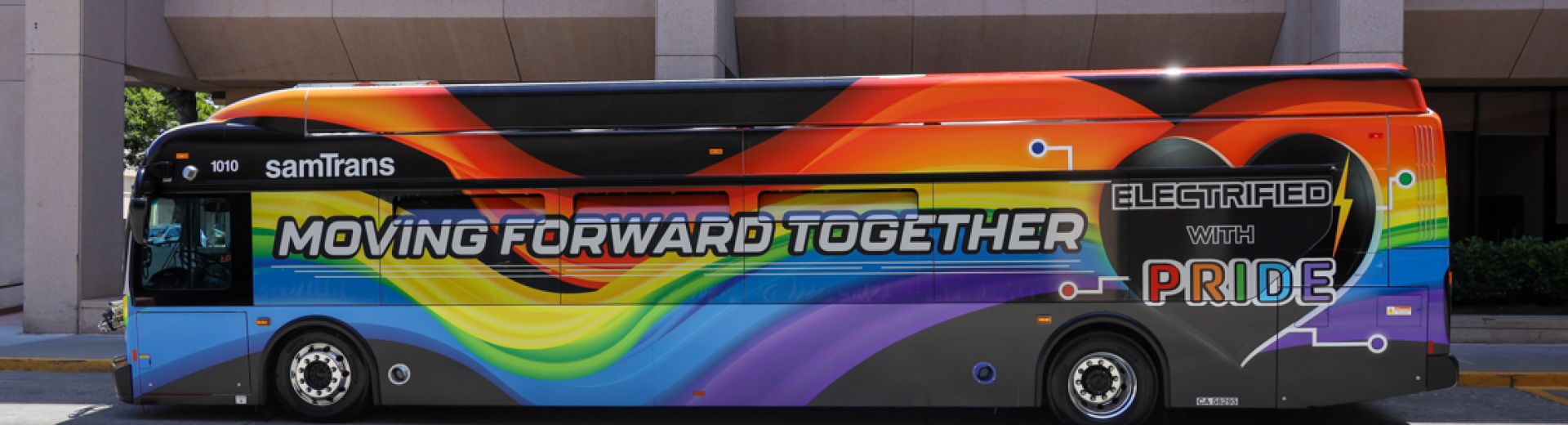 The rainbow-colored Pride bus sits in front of the SamTrans headquarters in San Carlos.