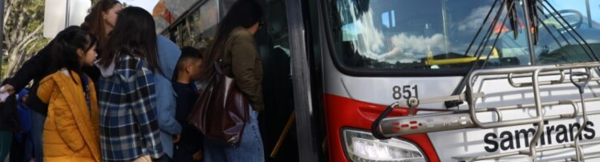 Students boarding a SamTrans bus in South San Francisco.