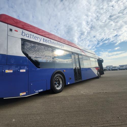 A SamTrans battery electric bus at the North Base yard in South San Francisco, part of the agency's zero-emission transition.