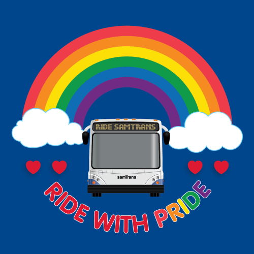 Pride rainbow over a SamTrans bus saying Ride with Pride.