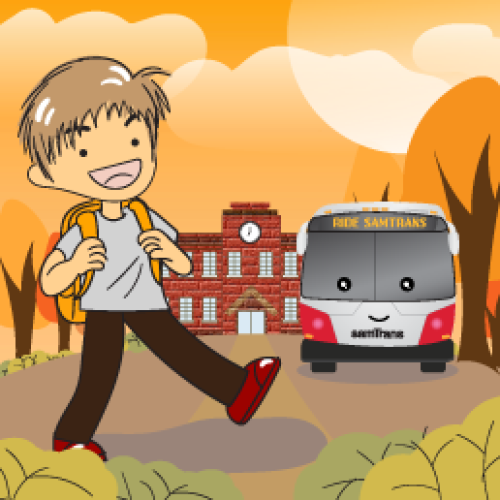 Illustration of a bus and a student going to school