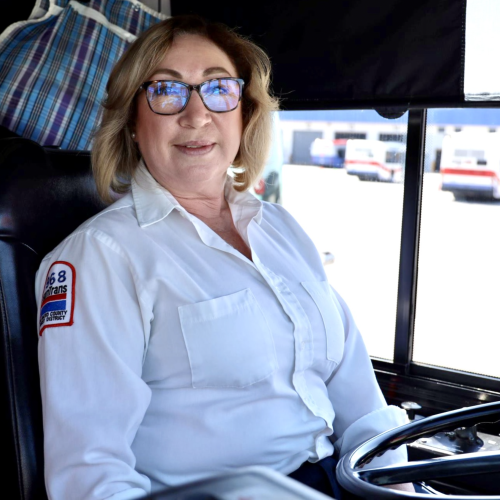 SamTrans Bus Operator Maria Gomez in the drivers seat.