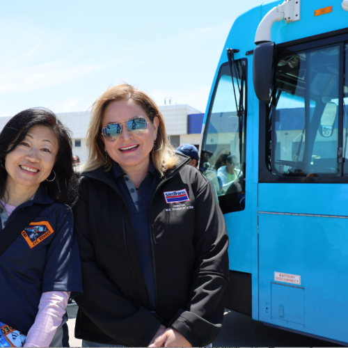 SamTrans General Manager/CEO April Chan standing next to Director of Bus Transportation Ana Rivas.