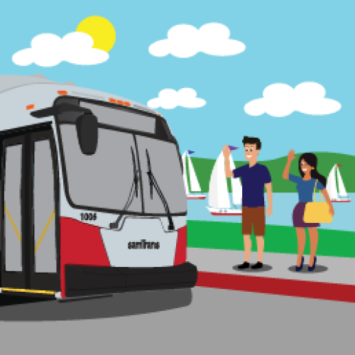 Cartoon couple waiting for approaching bus