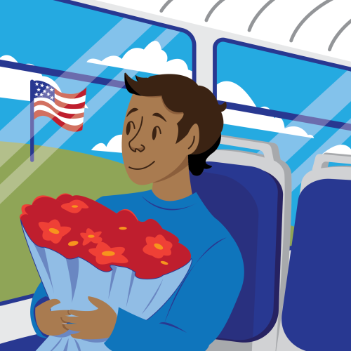 Graphic of a person holding bouquet of flowers and looking out of the window of bus at American Flag