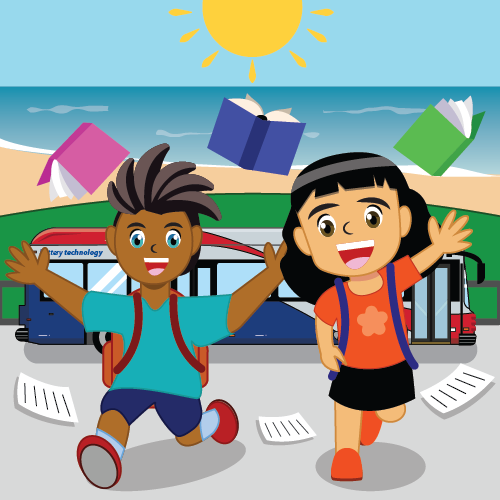 Illustration of two children throwing school materials in air after getting off the bus