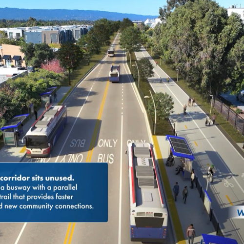 Rendering of what the Dumbarton Corridor could look like with a busway and multiuse trail. 