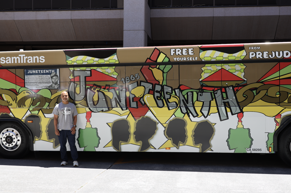 The SamTrans Juneteenth Bus Wrap with artist Kalief Porter-Brown.