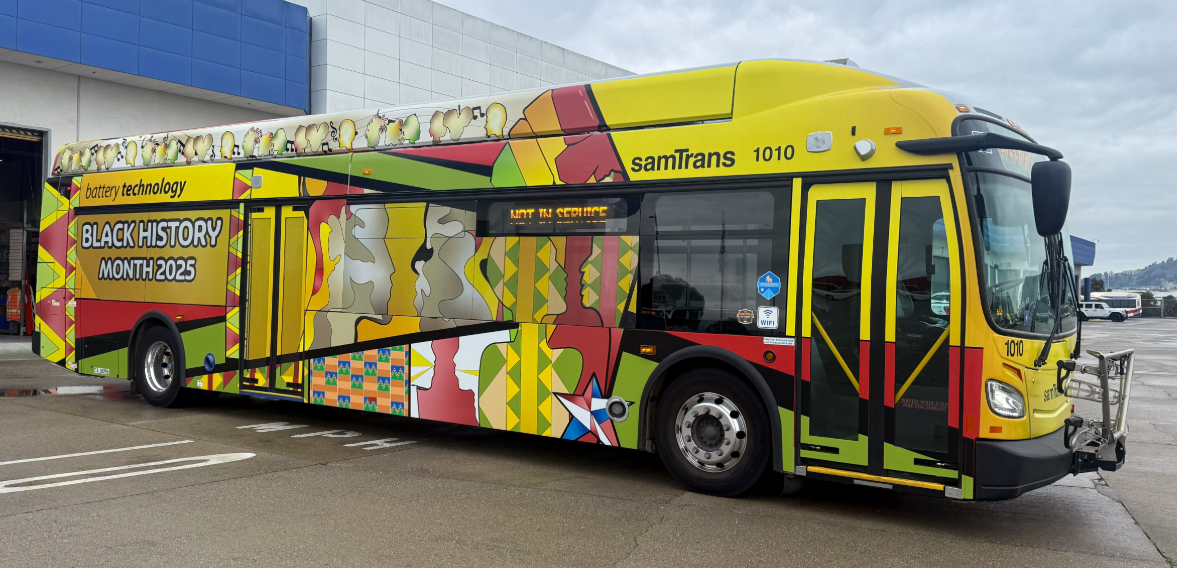 SamTrans bus wrapped with a Black History Month design.