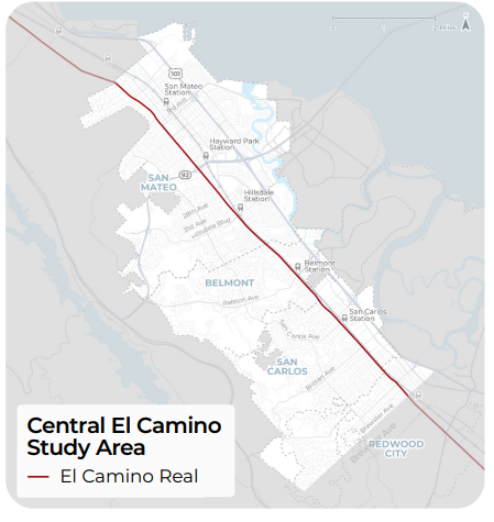 Map of project area which stretches along El Camino Real in the cities including San Mateo, Belmont, San Carlos, and a small portion of Redwood City
