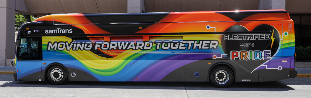 The 2025 SamTrans Pride Bus with rainbow colors