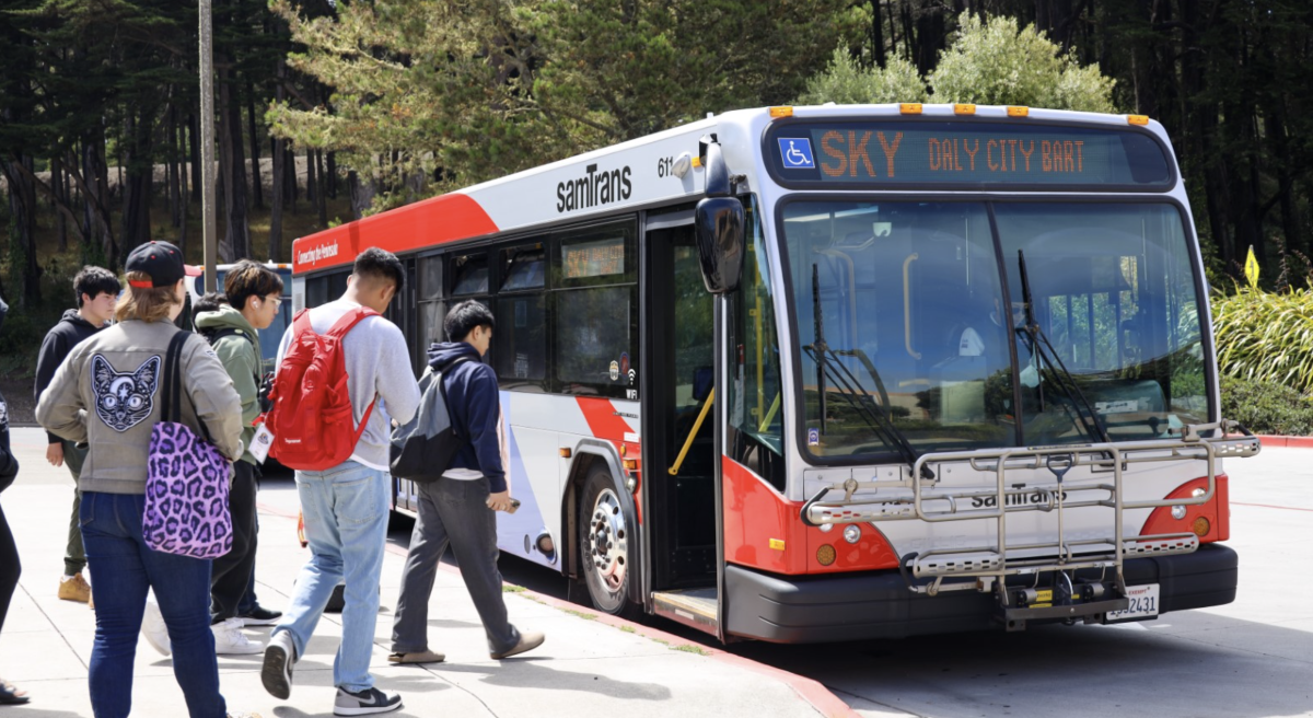 Students boarding the SamTrans SKY Route at Skyline College in San Mateo County.