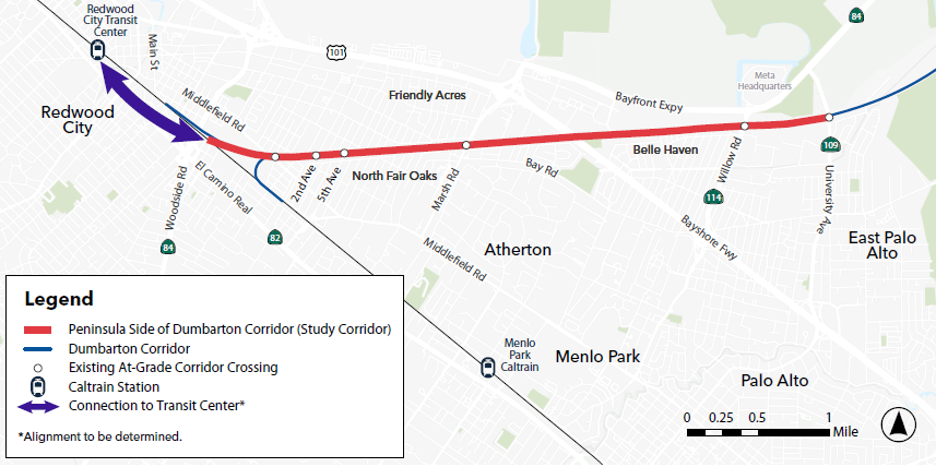Study area of Reimagine Dumbarton project which stretches from Redwood City Transit Center to University Avenue in East Palo Alto