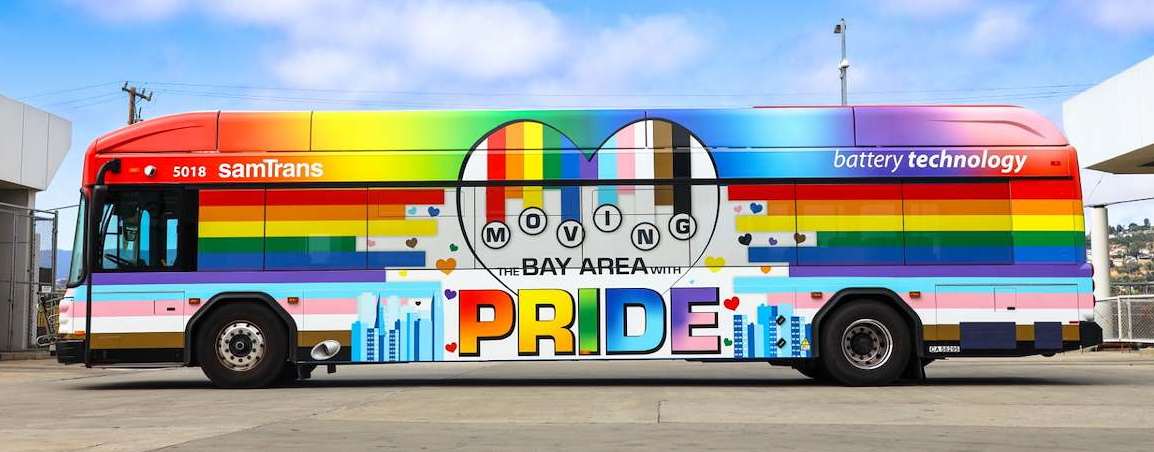 The 2026 "Moving the Bay Area with Pride" SamTrans bus.