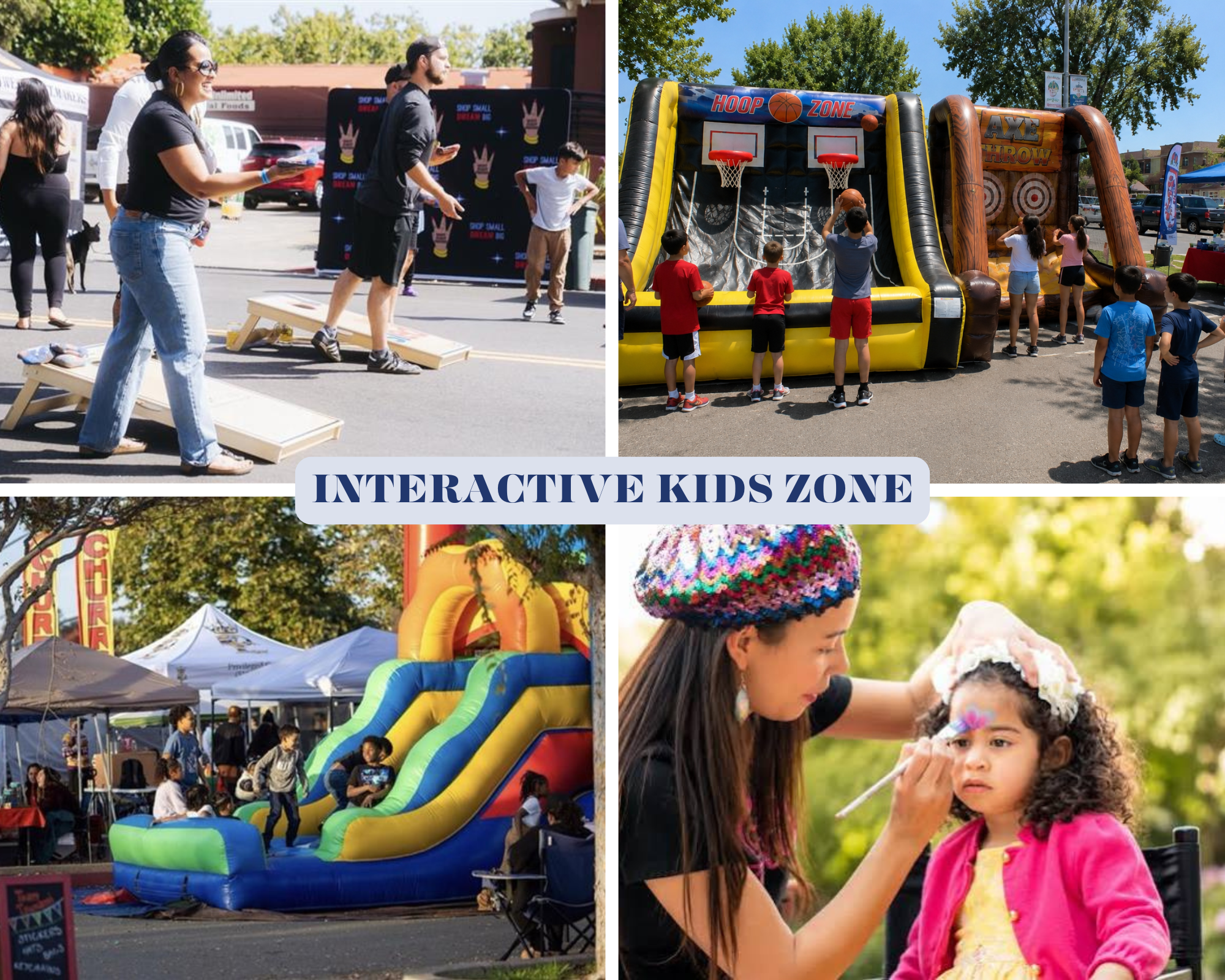 Photos of activities for children, including facepaint and bounce houses